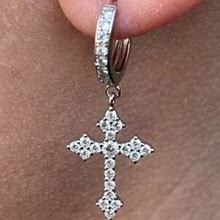 Men's Women's Solid 925 Sterling Silver Iced Out Diamond Dangle Hoop Stud Gothic Cross Earrings