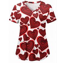 Frontwalk Womens Casual Short Sleeve T Shirts Summer Pockets Tunic Blouse Valentine Heart Print V Neck Tops