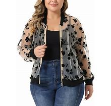 Unique Bargains Women's Plus Size Mesh Sheer Floral Lace Long Sleeve Bomber Jacket 2X Apricot