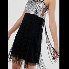 Asos Dresses | Asos Sequin Detail Slip Mini Dress With Fringe Detail | Color: Black | Size: 4