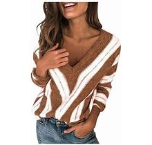 Qwertyu Cute Sweater For Women V Neck Striped Color Block Long Sleeve Knitted Sweaters Clothing Loose Fit Pullover Clearance Plus Size Trendy Clothes