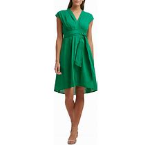Kensie Women's Cotton V-Neck A-Line Tie-Waist Dress - Tropical Green