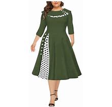 Womens 50S Vintage Polka Dot Patchwork Swing Tea Dress With Pockets Long Sleeve Retro Party Dress For Prom