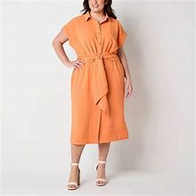 Worthington Plus Short Sleeve Midi Shirt Dress | Orange | Plus 2X | Dresses Shirt Dresses | Belted | Spring Fashion