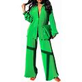 Hirigin 2 Pieces Female Suit Set, Solid Color Lapel Long Sleeve Button Down Shirt+ Long Loose Pants For Women, S/M/L/Xl/Xxl