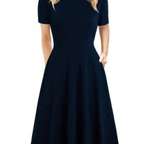 Solid Color Pocket Dress, Women's Elegant Retro A-Line Short Sleeve Casual Spring Summer Women's Clothing Dress For,Navy Blue,Recommended,Temu