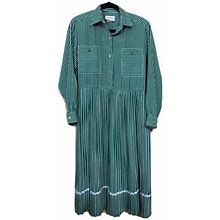 Vintage Petrina Petites Green Whote Striped Pleated Dress Size 8