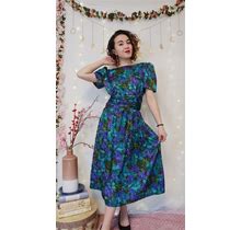 Vintage 80'S Silky Floral Cocktail Dress, Fits Size M, Green Purple Blue Print, Ruched Banded Waist, Elegant Style, V-Cut Back, Puff Sleeves
