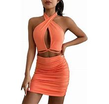 Gureui Women's Halter Dress, Casual Solid Color Hollow-Out Sleeveless Backless Tie-Up Pleated Mini Bodycon Dress Clubware