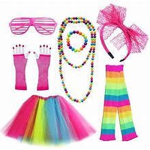80S Costume Accessories Set For Women, 80S Fancy Dress Outfits With Tutu Leg Glove Necklace Headband Earring Glasses