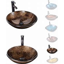 Bathroom Vessel Sink With Faucet Mounting Ring And Pop Up Drain 16.5 Inch Temper