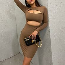 Wnegstg Dresses For Women 2023 Sexy Fashion Solid Color Hollow Tight Round Neck Long Sleeve Dress