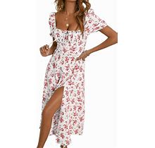 BLENCOT Womens Casual Flowy Split Thigh A Line Maxi Dresses Summer Boho Floral Print Short Sleeve Square Neck Girls Dress P20120white Large Size