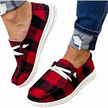 Buffalo Plaid Slip On Shoes,Flat Sole Lace Up Casual Canvas Shoes For Women Christmas Casual Sneaker Ladies Driving Loafers (Red,7.5)