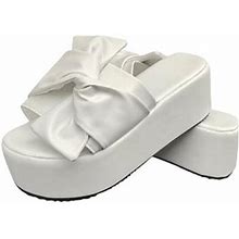 Jeashchat Clearance Women's Slip On Slide Sandals Summer Ladies Slippers Platform Sandals Casual Women Bow Shoes Slippers (White)