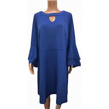 Isaac Mizrahi Women's Pebble Knit Keyhole Dress W/ Ruffle Sleeves Blue