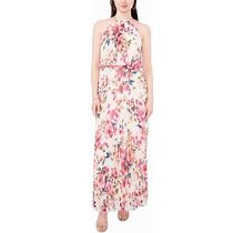 MSK Floral Print Pleated Dress White,Pink