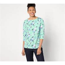 Denim & Co. Printed Perfect Jersey Boat Neck 3/4 Sleeve Top, Size 3X, Soft Jade