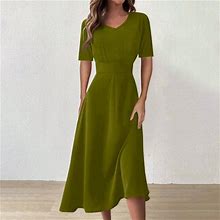 Linmoua Summer Maxi Dress V Neck Short Sleeve Long Dress Casual High Waist Beach Swing A-Line Dress With Belt Army Green S