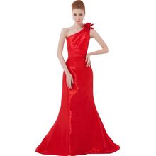 Red One Shoulder Mermaid Pleated Open Back Long Prom Dress With Flower
