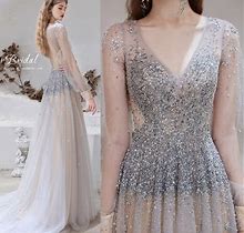 Luxury Long Sleeves A Line Prom Dresses Fairy,Sparkly Beaded Tulle Formal Women Eening Gowns,V Neck Open Back Wedding Bridal Party Dress