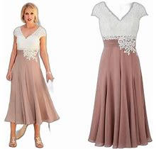 Elegant Tea Length Lace Chiffon Mother Of The Bride/Groom Dress With V-Neck And Cap Sleeves - Perfect For Prom, Wedding Guests, And Formal Occasion