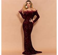 Burgundy Off The Shoulder Long Sequin Overlay Mermaid Prom Dress With
