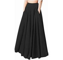 Dianli Skirts For Women Solid Maxi Summer Skirt Beach Casual Loose Pocket High Waist Pleated Swing A-Line Skirt Black S