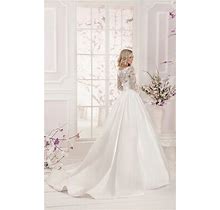 Lace Top Long Sleeve Floor Length Satin Applique Bridal Dress - White , Size 6 By Dorris Wedding