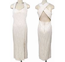 Vintage 90S Y2K Ivory Ribbed Crinkle Knit Criss-Cross Strappy Back Maxi Dress M