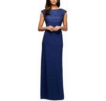 Alex Evenings Petite Womens Blue Stretch Zippered Ruched Column Cowl-Back Gown Cap Sleeve Boat Neck Full-Length Formal Dress Petites 14P