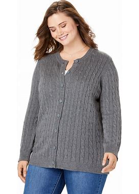 Plus Size Women's Cotton Cable Knit Cardigan Sweater By Woman Within In Medium Heather Grey (Size L)