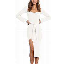 LILLUSORY Women's Sweetheart Neckline Midi Dress Long Sleeve Ribbed Knit Sweater Outfits With Slit And Belt 2024 Spring