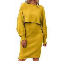Manxivoo Womens Dresses Women's Long Sleeve Lazy Style Fashionable Solid Knitted Dress Two Piece Medium Length Wool Dress Party Dress Yellow