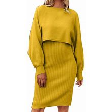 Women's Long Sleeve Lazy Style Fashionable Solid Knitted Dress Two Piece Medium Length Wool Dress