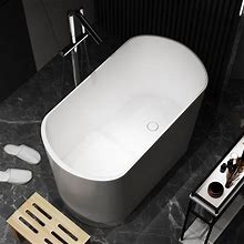 40" Modern Deep Oval Freestanding Matte White Stone Resin Japanese Soaking Bathtub