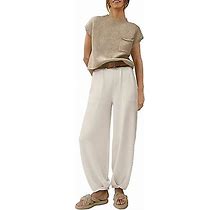 ILWHE Women's Casual Two Piece Sleeve Knit Top And High Waisted Pants Beige XXL