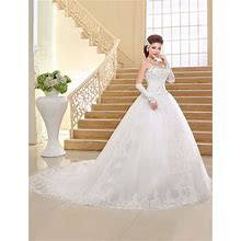 Princess Wedding Dresses Strapless Ball Gown Bridal Dress Lace Applique Sweetheart Neckline Sequins Beading Ivory Long Train Bridal Gown