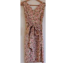 Talbots Pink Green Khaki Floral Print Bow V Neck Pleated Dress 4 P