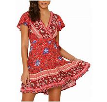 Summer Clearance! Zpanxa Womens Boho Dresses Sexy Trendy Deep V Neck Print Midi Dress Short Sleeve High Waist Mini Dresses Skirt Watermelon Red L