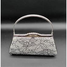 Silver Lace Pillbox Purse Handbag Etched Handle Rhinestone Prom