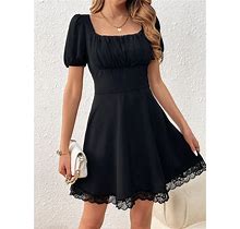 An Elegant Summer Little Black Dress, Featuring Lace Insert On The Hem, Front Pleats, And An A-Line Bubble Sleeve Dress,Wedding Dress ,Valentine Dress,M