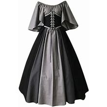 Medieval Dress For Women Vintage Princess Off Shoulder Patchwork Short Sleeve Swing Dress Lace Tie Up Corset Dress