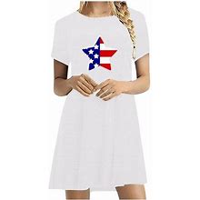 Soomlon American Flag Patriotic Dress Stars Stripes Cute Dress Spring High Waist Boho Beach Dresses Spring Independence Day Dress Round Neck Short Sle