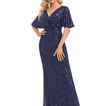 Solid Sequin Mother Of The Bride Dresses, Elegant Surplice Neck Short Sleeve Maxi Dress, Sleeve Long Dress For Wedding,Navy Blue,Reliable,By Temu