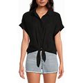 Cloth Stone Woven Trimmed Short Roll Cuff Sleeve Point Collar Button Tie Front Top, Womens, L, Black