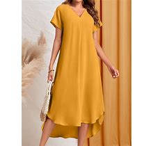 Women's Yellow V-Neck Batwing Short Sleeve High Low Hem Dress For Spring,S