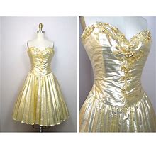 80S Lame Gold Crystal Beaded Strapless Dress // Golden Sequined Bustier Dress