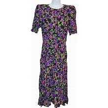 Vintage 80S Floral Maxi Dress 11 12 Puff Sleeves Pleated Yoke Black Purple