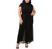 Msk Plus Size Chiffon Smocked-Neck Flutter-Sleeve Jumpsuit - Black - Size 1X